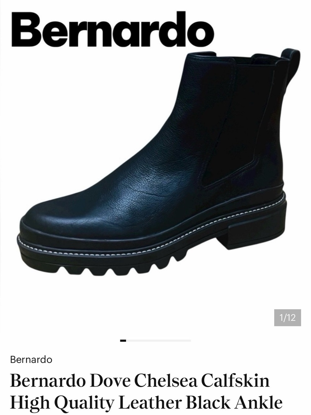 Bernardo Black Calfskin Chelsea Lug Ankle Boot